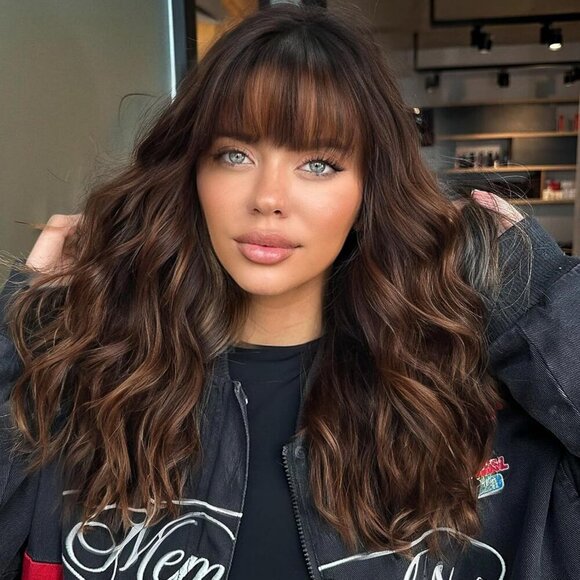 Ombre Brown Wig with Bangs,Brown mix Blonde Highlight Wavy Wigs for  Women,Should
